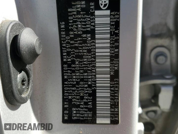2020 Toyota Corolla L with VIN 5YFDPRAE3LP110093, listed as a Copart auction lot 47163535 with 80,139 mi miles and Salvage Title. Bid and sale history available at DreamBid. Image 12.