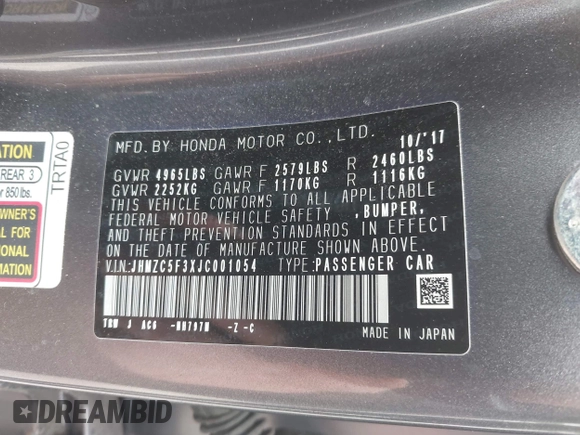 2018 Honda Clarity Touring z VIN JHMZC5F3XJC001054, wystawiony jako IAAI lot #42292688 z przebiegiem 60 780 mil mil oraz . Historia ofert i sprzedaży dostępna na DreamBid. Obrazek 9.