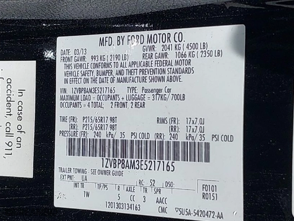 2014 Ford Mustang V6 with VIN 1ZVBP8AM3E5217165, listed as a IAAI auction lot 39801387 with 108,505 mi miles. Bid and sale history available at carsss.com. Image 9.