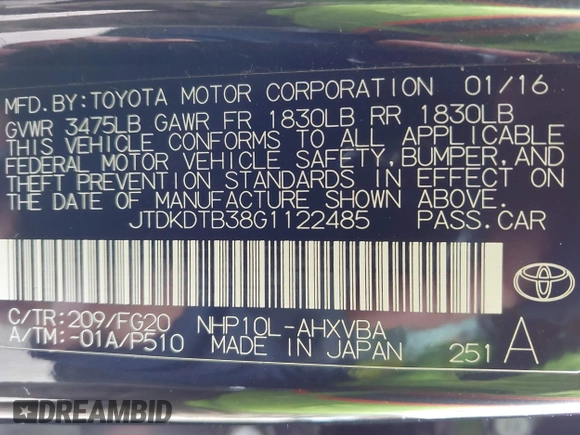 2016 Toyota Prius One with VIN JTDKDTB38G1122485, listed as a IAAI auction lot 42054085 with 66,243 mi miles and . Bid and sale history available at DreamBid. Image 9.