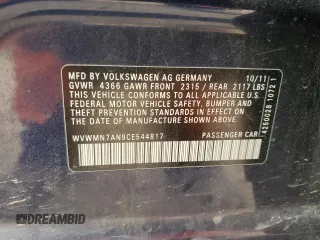 2012 Volkswagen CC Sport with VIN WVWMN7AN9CE544817, listed as a Copart auction lot 46077405 with 0 mi miles and Salvage Title. Bid and sale history available at carsss.com. Image 12.