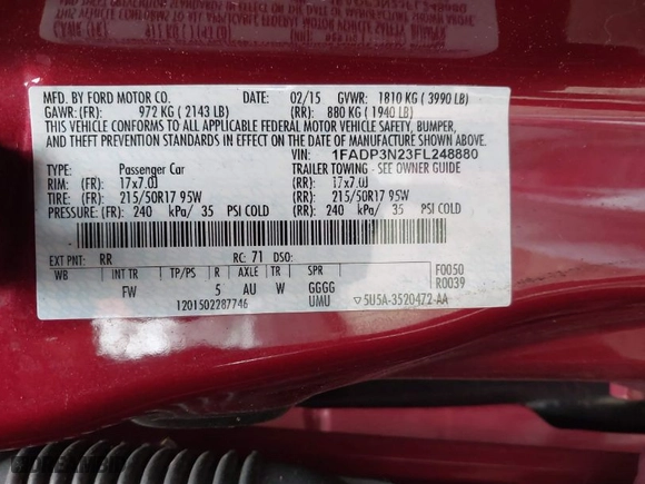 2015 Ford Focus Titanium with VIN 1FADP3N23FL248880, listed as a IAAI auction lot 41474936 with 86,245 mi miles. Bid and sale history available at carsss.com. Image 9.