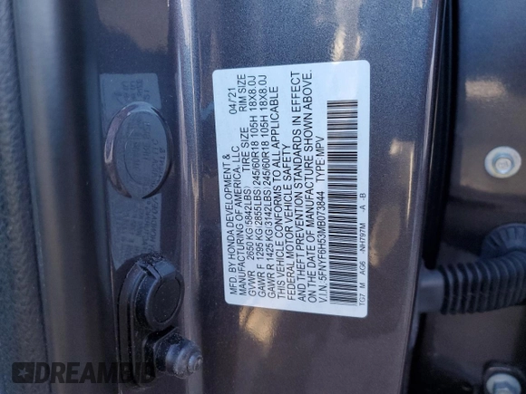 2021 Honda Pilot EX-L with VIN 5FNYF6H53MB073844, listed as a Copart auction lot 43656925 with 46,710 mi miles and Salvage Title. Bid and sale history available at DreamBid. Image 12.
