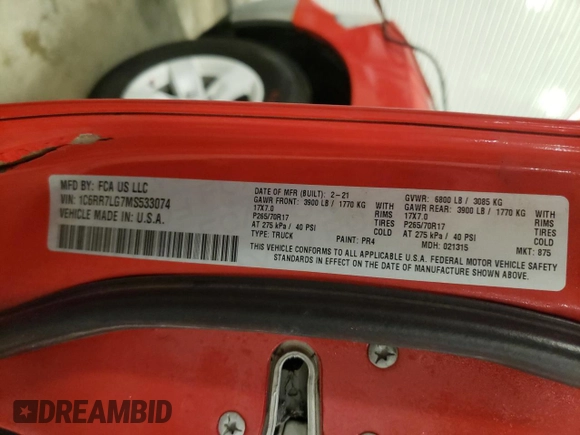 2021 Ram 1500 SLT z VIN 1C6RR7LG7MS533074, wystawiony jako Copart lot #45114325 z przebiegiem 70 614 mil mil oraz Szkoda całkowita • Salvage title. Historia ofert i sprzedaży dostępna na DreamBid. Obrazek 12.