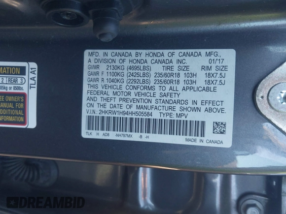 2017 Honda CR-V Touring with VIN 2HKRW1H94HH505584, listed as a IAAI auction lot 41867850 with 1 mi miles. Bid and sale history available at carsss.com. Image 9.