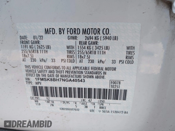 2022 Ford Explorer with VIN 1FMSK8BH7NGA40543, listed as a IAAI auction lot 41902785 with 1 mi miles. Bid and sale history available at carsss.com. Image 9.