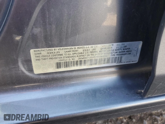 2005 Volkswagen Jetta 2.5L with VIN 3VWDG71KX5M604291, listed as a Copart auction lot 63622715 with Not provided miles and Salvage title. Bid and sale history available at DreamBid. Image 12.