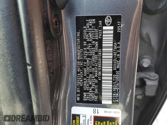 2013 Toyota Avalon XLE with VIN 4T1BK1EB6DU013820, listed as a Copart auction lot 50598635 with 165,466 mi miles and Salvage Title. Bid and sale history available at DreamBid. Image 12.