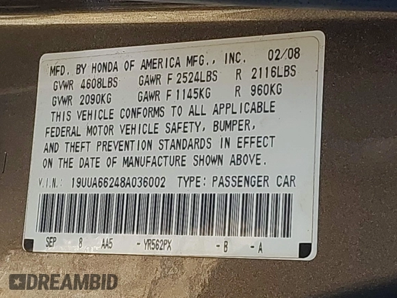 2008 Acura TL with VIN 19UUA66248A036002, listed as a IAAI auction lot 41615383 with 1 mi miles. Bid and sale history available at carsss.com. Image 9.