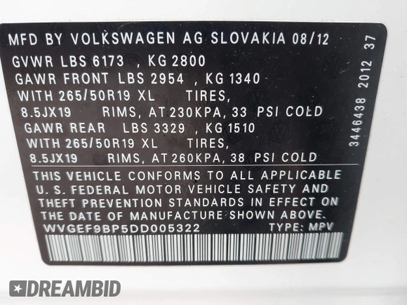 2013 Volkswagen Touareg Exec z VIN WVGEF9BP5DD005322, wystawiony jako IAAI lot #42146276 z przebiegiem 154 498 mil mil oraz . Historia ofert i sprzedaży dostępna na DreamBid. Obrazek 9.