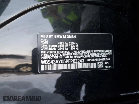 2023 BMW M3 Competition xDrive with VIN WBS43AY05PFP62243, listed as a Copart auction lot 41919185 with 0 mi miles and Salvage Title. Bid and sale history available at carsss.com. Image 14.
