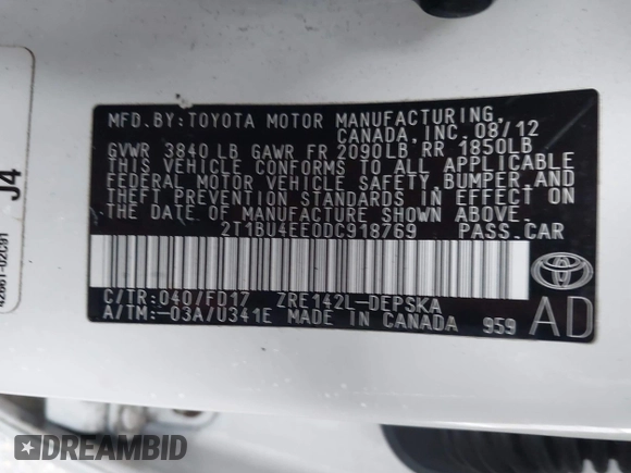 2013 Toyota Corolla L with VIN 2T1BU4EE0DC918769, listed as a IAAI auction lot 41973013 with 288,900 mi miles and . Bid and sale history available at DreamBid. Image 9.