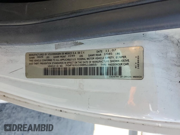 2008 Volkswagen Beetle with VIN 3VWFG31C08M510855, listed as a Copart auction lot 45836855 with 169,212 mi miles and Salvage Title. Bid and sale history available at DreamBid. Image 12.