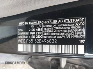 2002 Mercedes-Benz E-Class with VIN WDBJF65J52B496832, listed as a IAAI auction lot 42202331 with 156,304 mi miles. Bid and sale history available at carsss.com. Image 9.