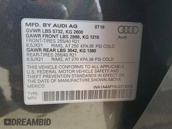 2018 Audi SQ5 Premium Plus with VIN WA1A4AFYXJ2214358, listed as a Copart auction lot 87127454 with 61,043 mi miles and Salvage Title. Bid and sale history available at DreamBid. Image 16.