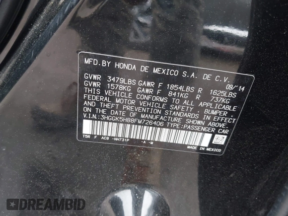 2015 Honda Fit EX-L with VIN 3HGGK5H88FM726406, listed as a IAAI auction lot 42033501 with 124,216 mi miles. Bid and sale history available at carsss.com. Image 9.