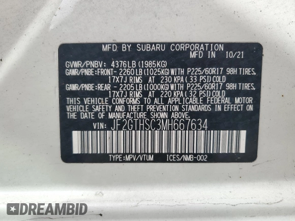 2021 Subaru Crosstrek Special Sports with VIN JF2GTHSC3MH667634, listed as a Copart auction lot 55997975 with 88,129 mi miles and Salvage title. Bid and sale history available at DreamBid. Image 12.
