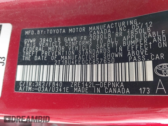 2012 Toyota Corolla L with VIN 2T1BU4EE0CC857650, listed as a IAAI auction lot 42143169 with 157,000 mi miles and . Bid and sale history available at DreamBid. Image 9.