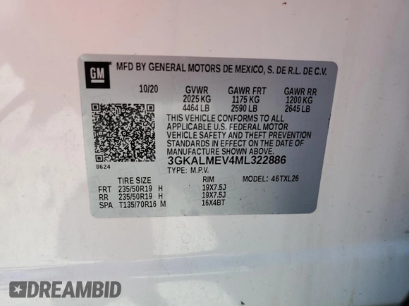 2021 GMC Terrain SLE with VIN 3GKALMEV4ML322886, listed as a Copart auction lot 56887755 with 76,846 mi miles and Salvage title. Bid and sale history available at DreamBid. Image 12.