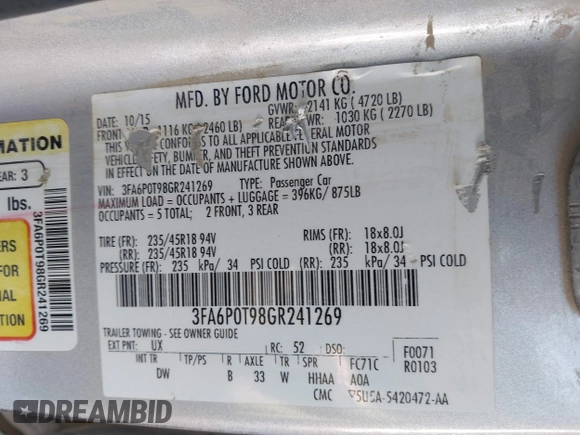 2016 Ford Fusion SE with VIN 3FA6P0T98GR241269, listed as a IAAI auction lot 41325525 with 183,809 mi miles and . Bid and sale history available at DreamBid. Image 9.