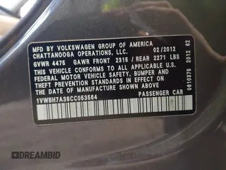 2012 Volkswagen Passat SE with VIN 1VWBH7A38CC053564, listed as a IAAI auction lot 41488237 with 188,636 mi miles and . Bid and sale history available at DreamBid. Image 9.
