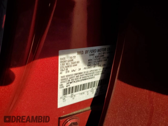 2022 Ford Mustang Mach-E California Route 1 with VIN 3FMTK2SU2NMA58453, listed as a Copart auction lot 85543094 with 36,143 mi miles and Salvage title. Bid and sale history available at DreamBid. Image 13.