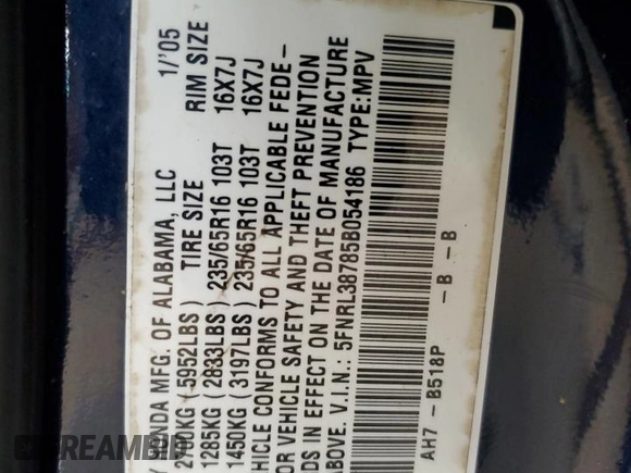 2005 Honda Odyssey EX-L with VIN 5FNRL38785B054186, listed as a Copart auction lot 58072125 with 219,928 mi miles and Salvage title. Bid and sale history available at DreamBid. Image 13.