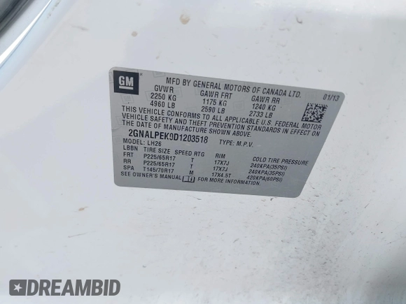 2013 Chevrolet Equinox LT with VIN 2GNALPEK0D1203518, listed as a IAAI auction lot 42178137 with 170,026 mi miles and . Bid and sale history available at DreamBid. Image 9.