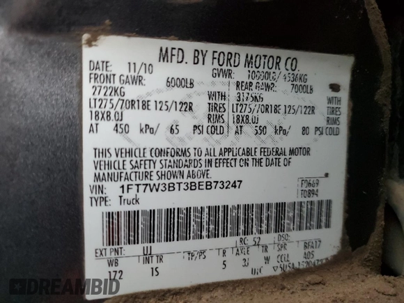 2011 Ford F-350 Platinum with VIN 1FT7W3BT3BEB73247, listed as a Copart auction lot 76969434 with 263,890 mi miles and Salvage title. Bid and sale history available at DreamBid. Image 13.