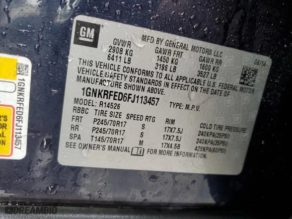 2015 Chevrolet Traverse LS with VIN 1GNKRFED6FJ113457, listed as a Copart auction lot 44278145 with 0 mi miles and Salvage Title. Bid and sale history available at carsss.com. Image 14.
