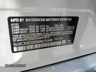 2022 BMW X5 sDrive40i with VIN 5UXCR4C0XN9N25946, listed as a Copart auction lot 45899015 with 34,286 mi miles and Salvage Title. Bid and sale history available at carsss.com. Image 13.