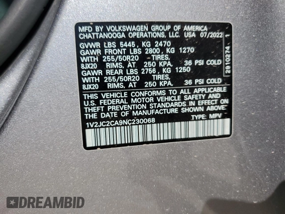2022 Volkswagen Atlas SE with VIN 1V2JC2CA9NC230068, listed as a Copart auction lot 77862374 with 37,343 mi miles and Salvage title. Bid and sale history available at DreamBid. Image 13.