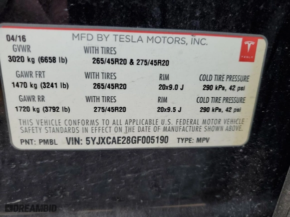 2016 Tesla Model X 70D with VIN 5YJXCAE28GF005190, listed as a Copart auction lot 65254734 with 0 mi miles and Salvage Title. Bid and sale history available at carsss.com. Image 13.
