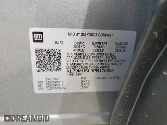 2023 Chevrolet TrailBlazer RS with VIN KL79MUSL9PB170606, listed as a Copart auction lot 56814854 with 16,452 mi miles and Salvage Title. Bid and sale history available at DreamBid. Image 12.