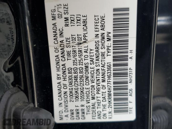 2015 Honda CR-V EX-L with VIN 2HKRM4H77FH633661, listed as a Copart auction lot 50216855 with 139,076 mi miles and Clean Title. Bid and sale history available at carsss.com. Image 13.