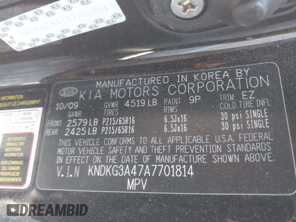 2010 Kia Sportage LX with VIN KNDKG3A47A7701814, listed as a IAAI auction lot 41991983 with 59,584 mi miles and . Bid and sale history available at carsss.com. Image 8.