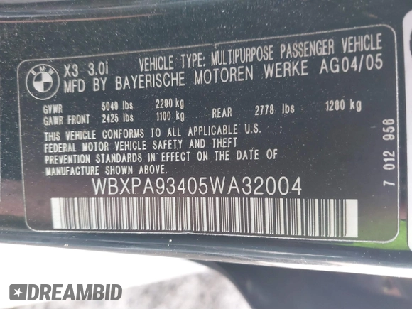 2005 BMW X3 3.0i with VIN WBXPA93405WA32004, listed as a IAAI auction lot 41683940 with Not provided miles and . Bid and sale history available at DreamBid. Image 9.