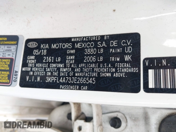 2018 Kia Forte LX with VIN 3KPFL4A73JE266545, listed as a IAAI auction lot 41784931 with 123,076 mi miles and . Bid and sale history available at DreamBid. Image 9.