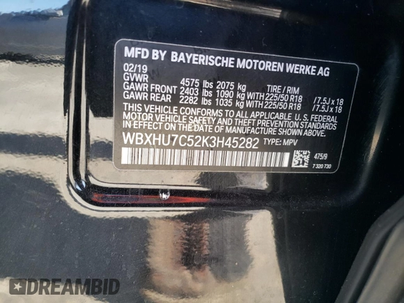 2019 BMW X1 sDrive28i with VIN WBXHU7C52K3H45282, listed as a Copart auction lot 42421563 with 8,057 mi miles. Bid and sale history available at carsss.com. Image 13.