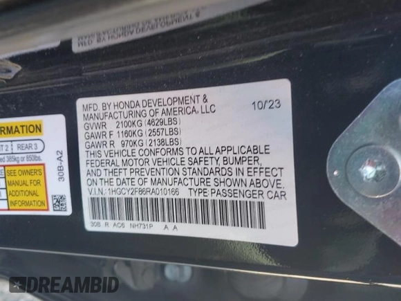 2024 Honda Accord Touring z VIN 1HGCY2F86RA010166, wystawiony jako Copart lot #54626525 z przebiegiem 43 472 mil mil oraz Szkoda całkowita • Salvage title. Historia ofert i sprzedaży dostępna na DreamBid. Obrazek 12.