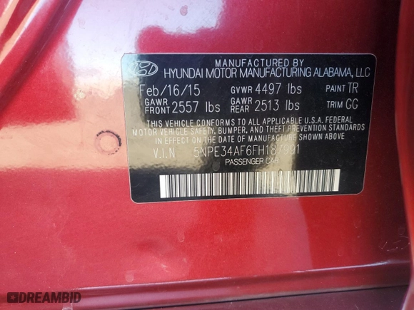 2015 Hyundai Sonata 2.4L Limited with VIN 5NPE34AF6FH187991, listed as a Copart auction lot 85745194 with 44,374 mi miles and Salvage Title. Bid and sale history available at carsss.com. Image 12.
