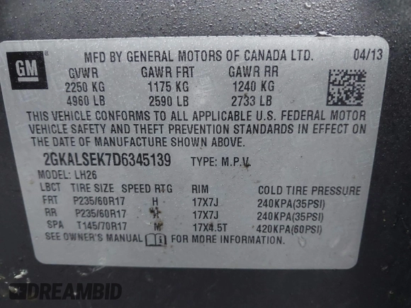 2013 GMC Terrain SLE with VIN 2GKALSEK7D6345139, listed as a IAAI auction lot 41071426 with 138,751 mi miles. Bid and sale history available at carsss.com. Image 9.