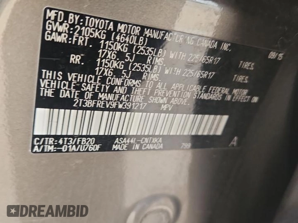 2015 Toyota RAV4 LE with VIN 2T3BFREV9FW391217, listed as a Copart auction lot 61019525 with 84,908 mi miles and Salvage title. Bid and sale history available at DreamBid. Image 13.