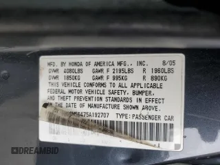 2005 Honda Accord LX with VIN 1HGCM56475A192707, listed as a Copart auction lot 47894425 with 239,487 mi miles and Salvage title. Bid and sale history available at DreamBid. Image 12.