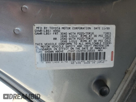 2000 Lexus RX 300 z VIN JT6HF10U3Y0116533, wystawiony jako Copart lot #55123085 z przebiegiem 187 653 mil mil oraz Szkoda całkowita • Salvage title. Historia ofert i sprzedaży dostępna na DreamBid. Obrazek 13.