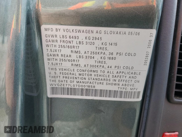 2007 Volkswagen Touareg V6 with VIN WVGZE77L07D001858, listed as a Copart auction lot 45558915 with 214,875 mi miles and Salvage Title. Bid and sale history available at DreamBid. Image 13.