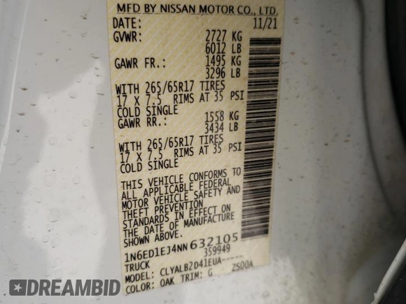 2022 Nissan Frontier SV z VIN 1N6ED1EJ4NN632105, wystawiony jako Copart lot #50126435 z przebiegiem 46 597 mil mil oraz Szkoda całkowita • Salvage title. Historia ofert i sprzedaży dostępna na DreamBid. Obrazek 12.