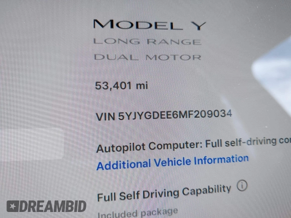 2021 Tesla Model Y Long Range with VIN 5YJYGDEE6MF209034, listed as a IAAI auction lot 41896238 with 53,401 mi miles. Bid and sale history available at carsss.com. Image 16.