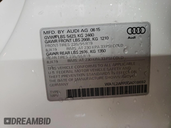 2016 Audi Q5 Premium Plus z VIN WA1L2AFP0GA018692, wystawiony jako Copart lot #50552595 z przebiegiem 100 983 mil mil oraz Szkoda całkowita • Salvage title. Historia ofert i sprzedaży dostępna na DreamBid. Obrazek 12.