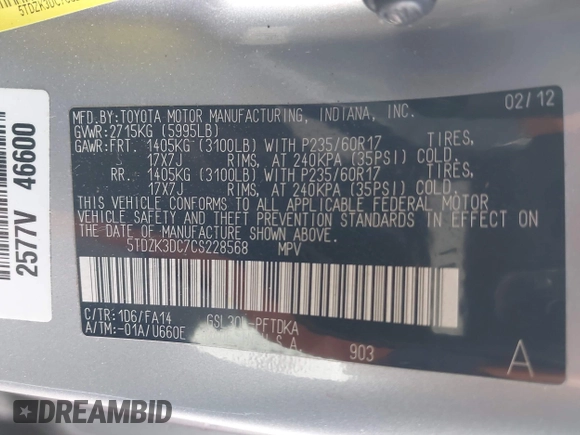 2012 Toyota Sienna с VIN 5TDZK3DC7CS228568, выставлен на аукционе IAAI как лот 42027249 с пробегом 99 464 миль миль и . История ставок и продаж доступна на DreamBid. Изображение 9.